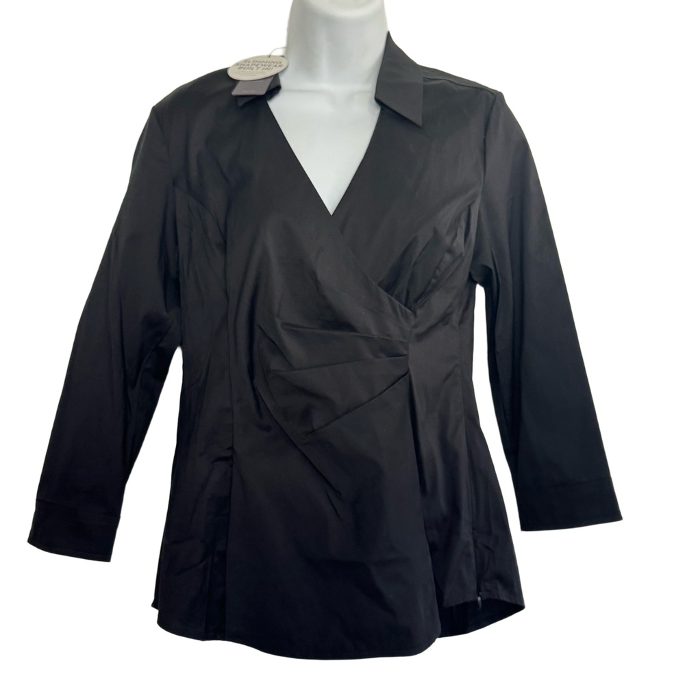 NYDJ Blouse Faux Wrap Collared Top Built In Shape Wear Slimming Size XS